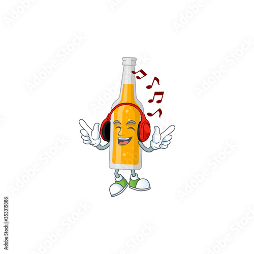 Cartoon drawing design of bottle of beer listening to the music with headset