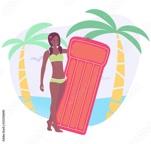 Young woman holding the inflatable mattress - Vector colorful illustration in flat cartoon stile. Afroamerican girl in a swimwear on the tropical beach with two palm tree