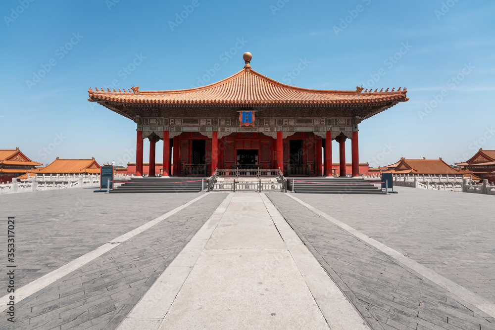 Fototapeta premium Forbidden city in Beijing China. Chinese traditional symbols.Translation:The Hall of Central Harmony