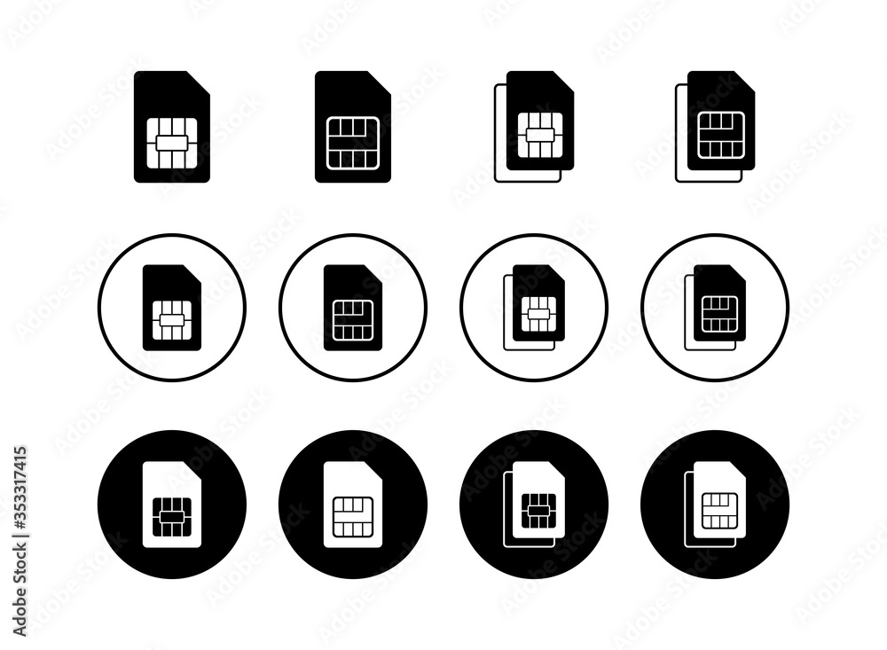 Set of Sim card icons vector. Mobile slot icon. Mobile cellular phone sim card chip. Dual sim Set of Sim card icons vector. Mobile slot icon. Mobile cellular phone sim card chip. Dual sim