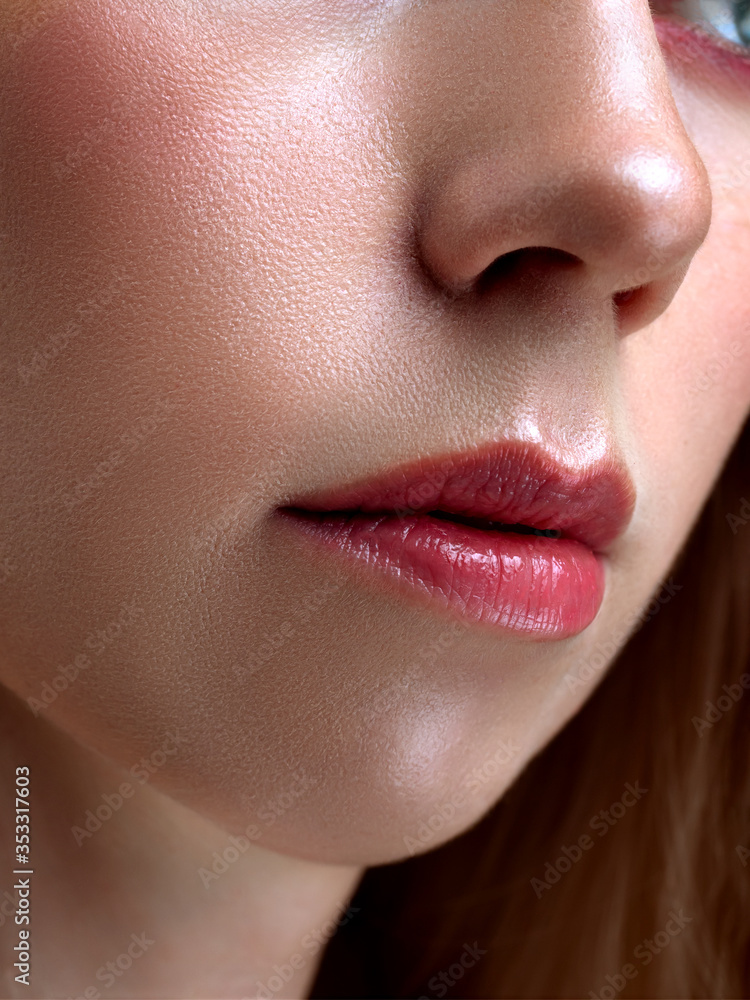 Naklejka premium beauty photo. Lips close up. Nude makeup. pink lips. 