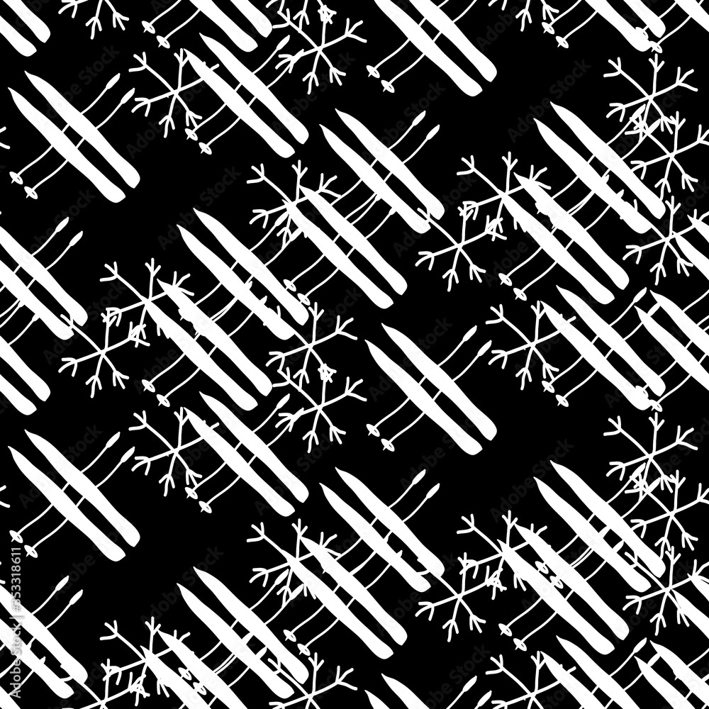Seamless pattern winter design. Grunge print with ski equipment and snowflakes. Watercolor effect. Suitable for bed linen, leggings, shorts and fashion industry. Seamless pattern winter design. Grunge print with ski equipment and snowflakes. Watercolor effect. Suitable for bed linen, leggings, shorts and fashion industry.