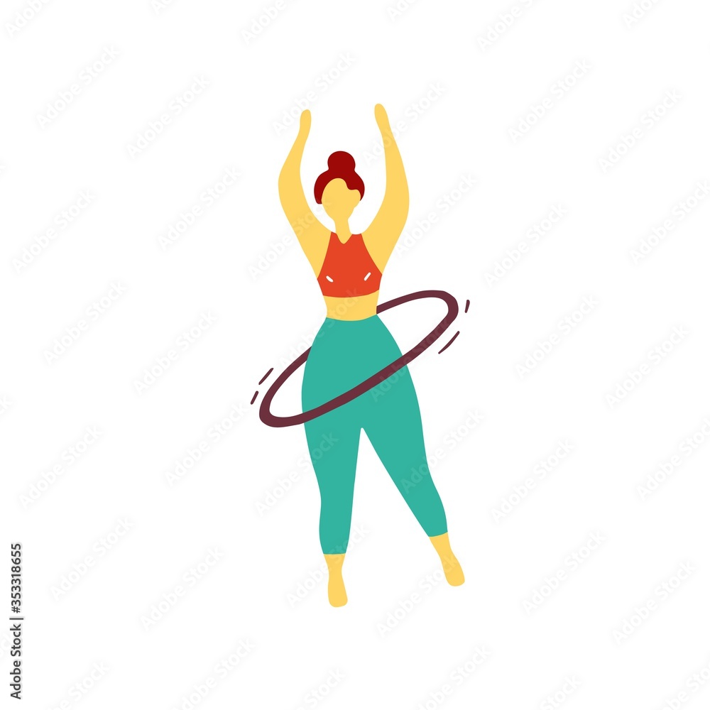 Sport girl twists hoop. Athlete is training before the competition. Gymnast doing exercises. Flat hand drawn vector graphic Sport girl twists hoop. Athlete is training before the competition. Gymnast doing exercises. Flat hand drawn vector graphic