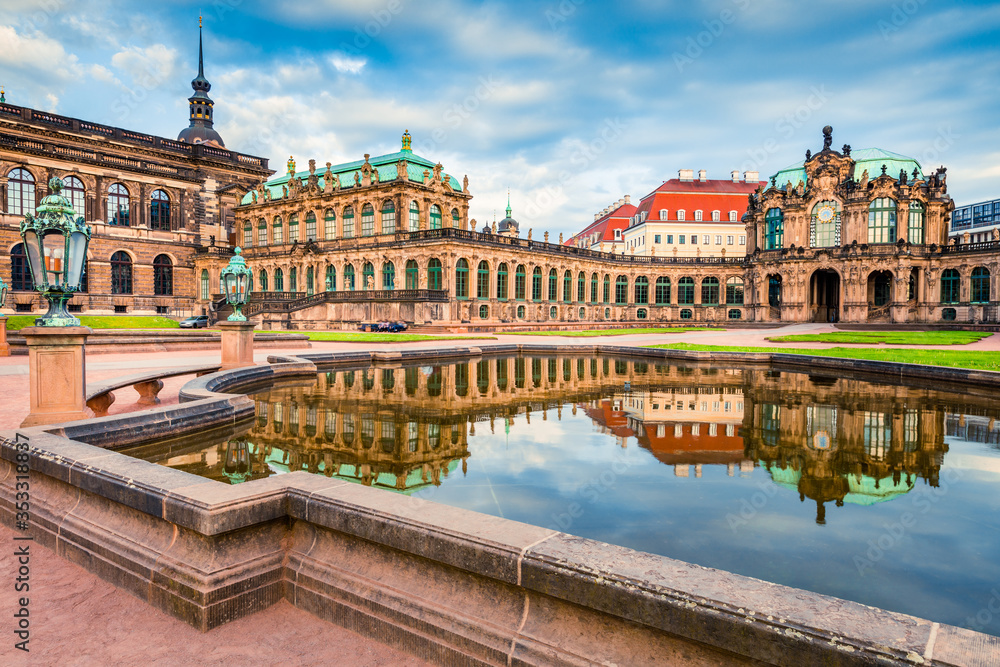 Exciting morning view of famous Zwinger palace (Der Dresdner Zwinger) Art Gallery of Dresden. Superb summer scene in Dresden, Saxony, Germany, Europe. Traveling concept background.