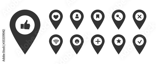 Social media map pointer icon set. Pin sign collection. Black geotag location point with like, wi-fi, search, favorites, check mark, person symbols. Vector illustration for web, app, infographics, ad
