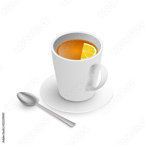 A teacup with saucer isometric view isolated on white background. Realistic vector. cup of hot drink black tea with lemon, saucer. Vector illustration for web, design, menu, app