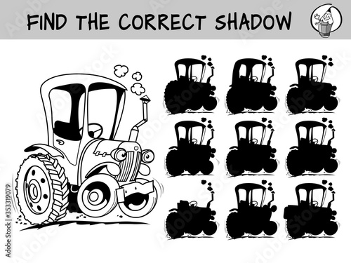 Tractor. Find the correct shadow. Educational matching game for children. Black and white cartoon vector illustration