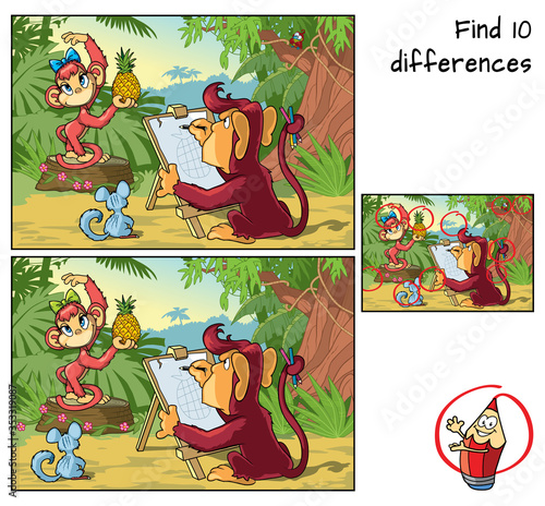 Funny monkeys in the jungle. Find 10 differences. Educational game for children. Cartoon vector illustration