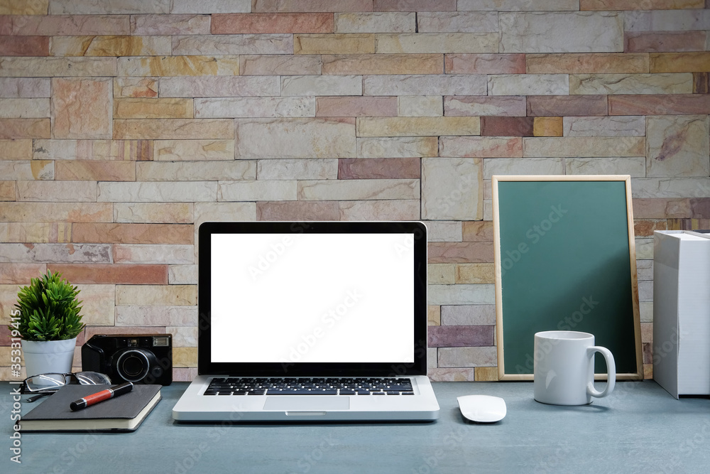 Workspace desk and laptop. copy space and blank screen. Business image, Blank screen laptop and supplies. Workspace desk and laptop. copy space and blank screen. Business image, Blank screen laptop and supplies.