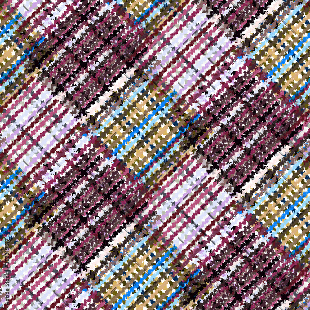 Seamless pattern patchwork design. Mixed print with tartan and tweed lines. Watercolor effect. Suitable for bed linen, leggings, shorts and fashion industry.