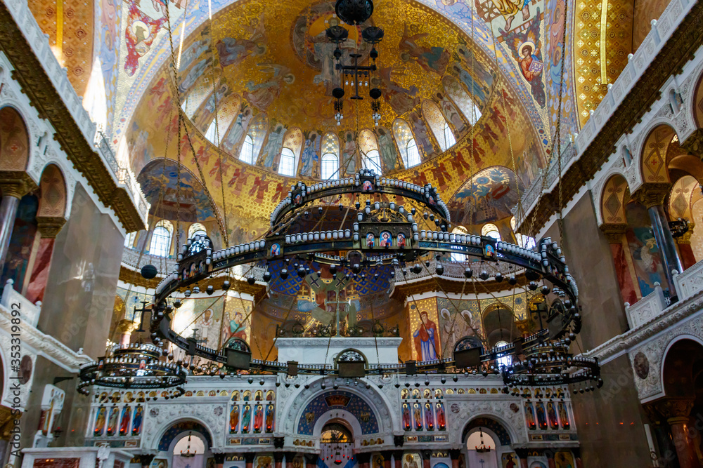 Obraz premium Interior of the orthodox naval cathedral of St. Nicholas in Kronstadt, Russia