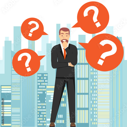 Thinking man. A man stands and thinks about a solution to the problem against the backdrop of the city landscape. Vector illustration.