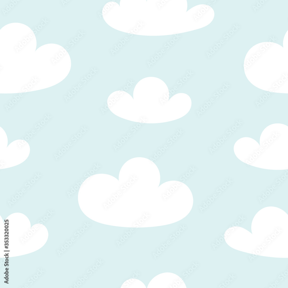 Cute white clouds in the sky. Kid wallpaper, decor of a child room. Flat simple vector illustration.Seamless pattern