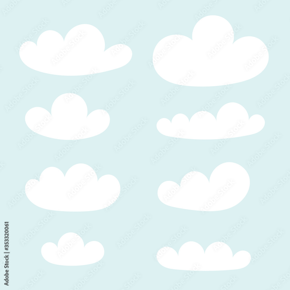 Cute white clouds in the sky. Kid wallpaper, decor of a child room. Flat simple vector illustration.