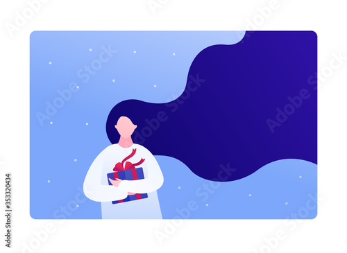 Gift card for business, shopping, christmas holiday sale and charity concept. Vector flat person illustration. Female hold gift box. Copy space for text. Design for banner, front mockup.