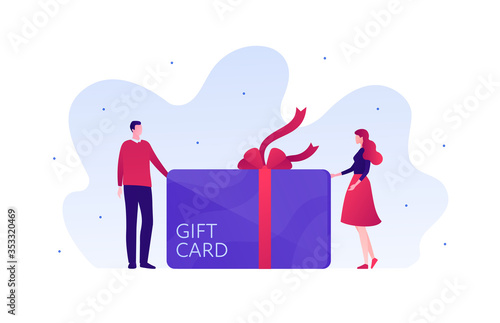 Gift card for business shopping sale and romantic relatioship concept. Vector flat person illustration. Couple of male and female stand near coupon with ribbon. Design for banner, infographic.