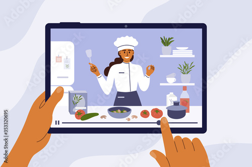 Culinary video broadcast, channel or blog with cooking online class. Young chef woman preparing healthy food in kitchen. Hands holding digital tablet with girl blogger on screen. Vector illustration.