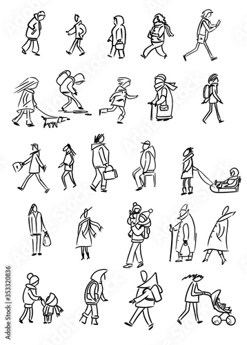 Single silhouettes of different people in warm clothes on the street drawn by a black line. Sketch style drawing. Digital illustration.