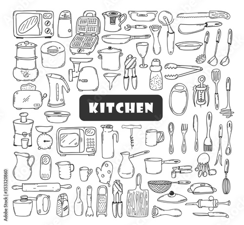 A large set of kitchen tools, dishes, utensils in Doodle style. Collection of elements for menu, recipes, and food packaging design. Hand drawn and isolated on white. Black-white vector illustration