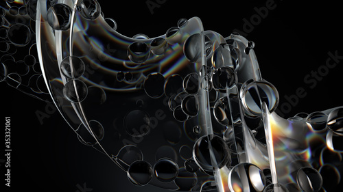 Billede på lærred Smooth 3d render of twisted glass shapes on dark background with dispersion effect