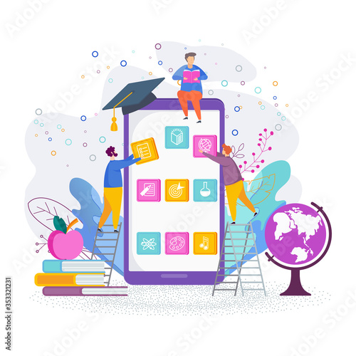 Educational application development on mobile screen. Flat vector concept.
