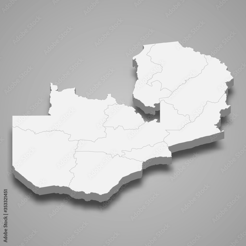 Obraz premium Zambia 3d map with borders of regions Template for your design