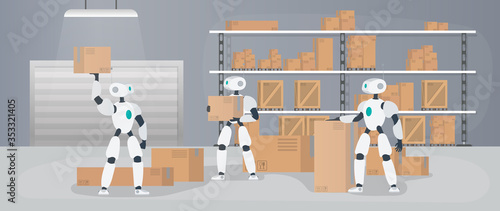 Robots work in a manufacturing warehouse. Robots carry boxes and lift the load. Futuristic concept of delivery, transportation and loading of goods. Large warehouse with boxes and pallets. Vector.
