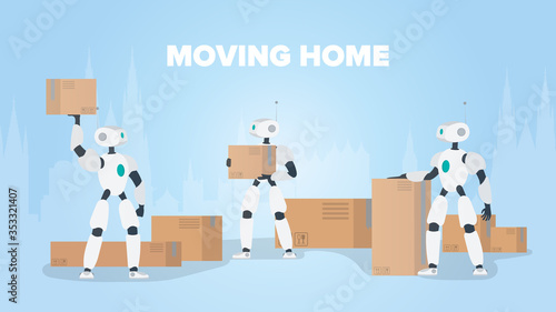 Moving home banner. Moving to a new place. A white robot holds a box. Carton boxes. The concept of the future, delivery and loading of goods using robots. Vector.