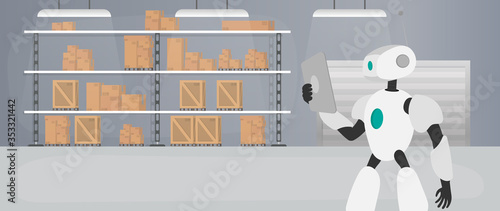 Robot in the production warehouse. The robot is holding a tablet. Futuristic concept of delivery, transportation and loading of goods. Large warehouse with drawers and pallets. Vector.