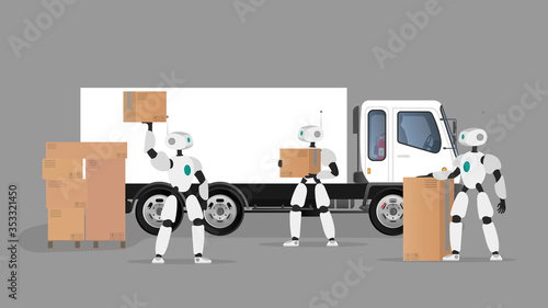 White robots holds boxes. Futuristic robots load boxes in a truck. The concept of future supplies, artificial intelligence and technology. Isolated. Vector