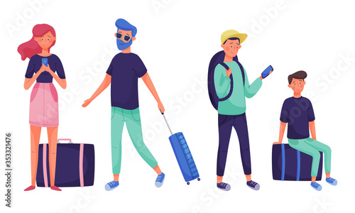 Man and Woman Tourists with Luggage Bags and Backpacks Travelling Vector Illustrations Set