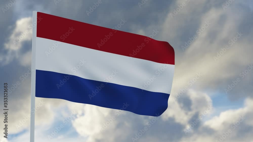 3d animation Realistic flag of Netherlands waving in the wind against deep blue sky 3d animation Realistic flag of Netherlands waving in the wind against deep blue sky