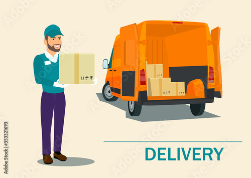 Loader man with cardboard boxes.  Fast delivery cargo van. Vector flat style illustration