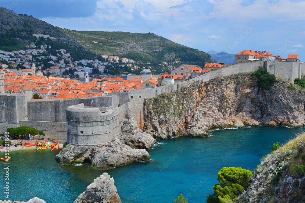 Dubrovnik panorama with the Mediterranean Sea, mountains and medieval fortress wall