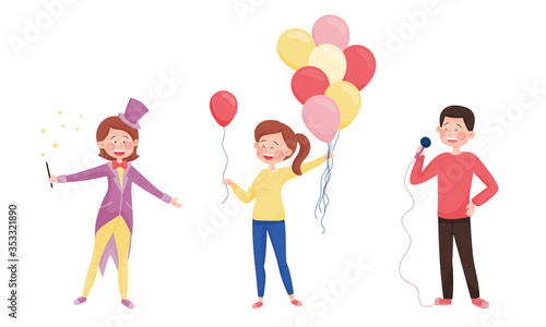 Young Street Performers with Girl Holding Bunch of Balloons and Performing Tricks Vector Set