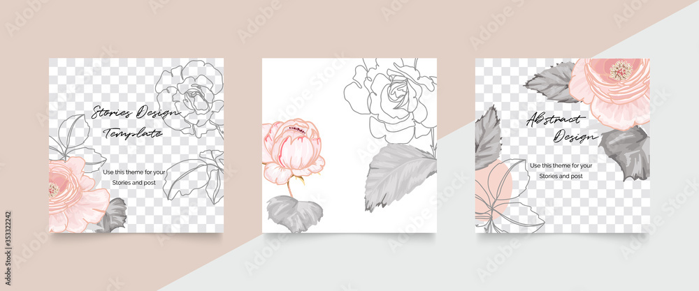 Social media stories and post creative vector set. Abstract shapes background template with floral and copy space for text and images. Vector illustration.
