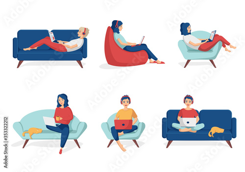 A young smiling woman is sitting with a laptop. Concept of remote work from home, freelance distance education, e-learning. Set of cute vector illustrations in flat cartoon style