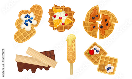 Waffles with Textured Surface and Sweet Creamy and Caramel Topping with Berries Vector Set