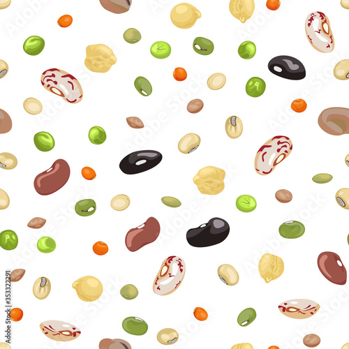Beans and legumes seamless pattern. Vector illustration of beans, green peas, chickpeas, mung bean, soybeans  and lentils in cartoon flat style. Organic healthy food background.