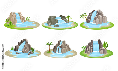 Tropical Waterfall Сascade on Green Rounded Island Spot Vector Set