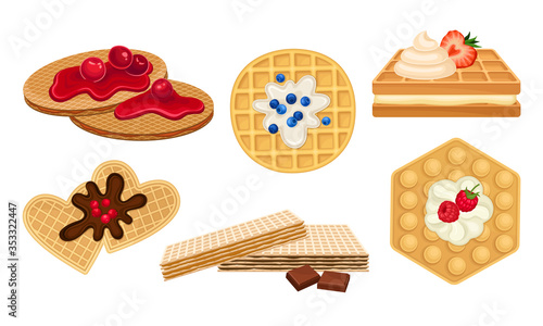 Waffles with Textured Surface and Sweet Whipped Cream and Jam Topping with Berries Vector Set