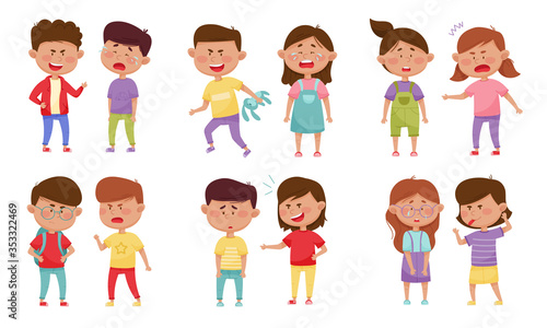 Bullying Children Characters Abusing and Treating Badly Another Kids Vector Illustrations Set