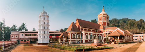Kavlem, Phonda, Goa, India. Shree Shantadurga Mandir, Kavlem Temple. Famous Landmark And Popular Destination. White Lamp Tower. Shantadurga Devi. Panoramic View