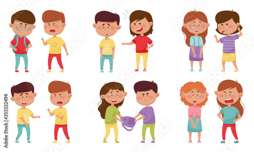Bullying Children Characters Abusing and Treating Badly Another Kids Vector Illustrations Set