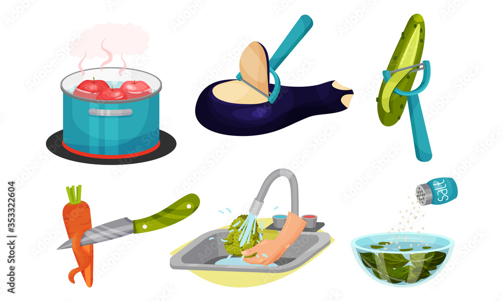 Vegetables Cooking with Water Steeping and Peeling Process Vector Set