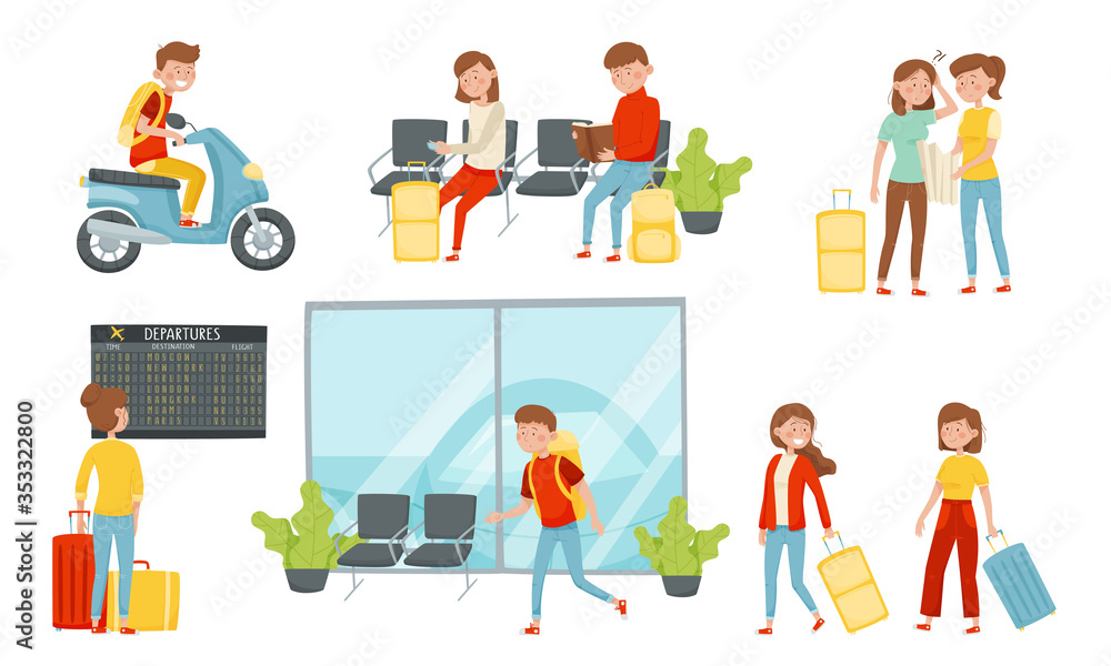 People Travelers Hiking with Backpacks and Waiting for Their Flight in the Airport Vector Illustrations Set