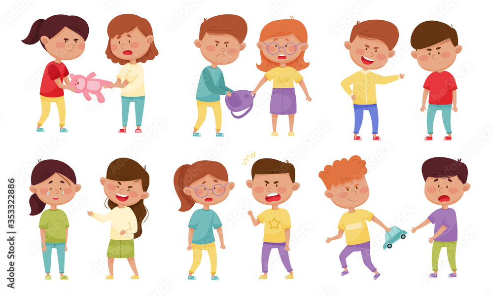 Bullying Children Characters Abusing and Treating Badly Another Kids Vector Illustrations Set Bullying Children Characters Abusing and Treating Badly Another Kids Vector Illustrations Set