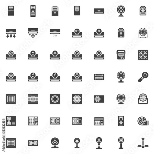 Heating and cooling vector icons set, modern solid symbol collection, Air conditioning filled style pictogram pack. Signs, logo illustration. Set includes icons as exhaust ventilation, industrial fan