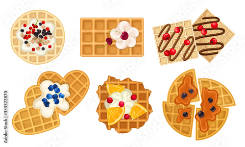 Waffles with Textured Surface and Sweet Topping with Berries and Whipped Cream Vector Set