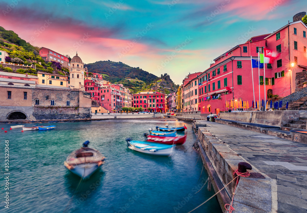 Picturesque morning cityscape of Vernazza port, Cinque Terre region. Attractive summer sunrise in Liguria, Italy, Europe. Fabulous seascape of Mediterranean sea. Traveling concept background.